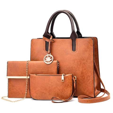 Women PU Leather Tote Handbag Crossbody Bag And Pouch With Maple Leaf Pendant Large Capacity Fashion Work Commute