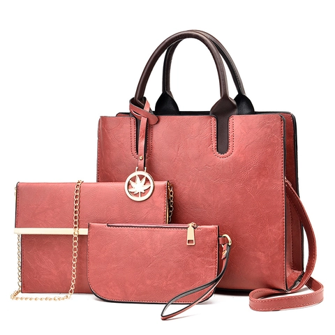 Women PU Leather Tote Handbag Crossbody Bag And Pouch With Maple Leaf Pendant Large Capacity Fashion Work Commute