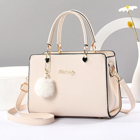Women Fashion Handbag PU Leather Top Handle Shoulder Crossbody Bag With Heart Metal Decor And Fur Ball Pendant
