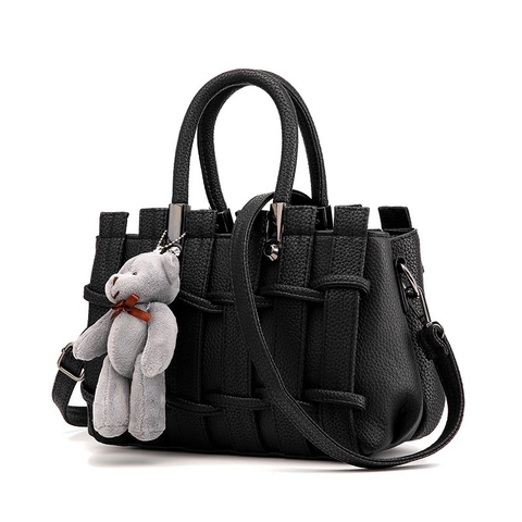 Women Woven PU Leather Handbag With Bear Charm Crossbody Shoulder Bag Lychee Pattern Korean Style Daily Commute