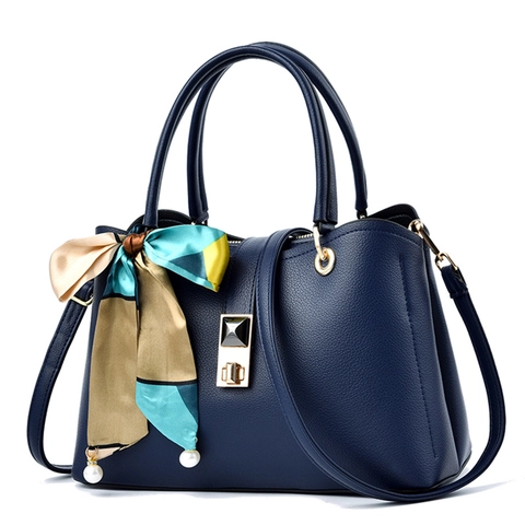 Litchi Grain PU Leather Handbag For Women Large Capacity Top Handle Tote With Decorative Scarf Artificial Pearl Pendant Shoulder Bag