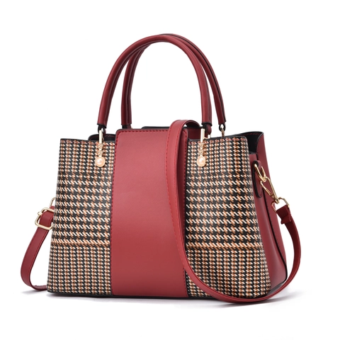 Women Handbag PU Leather Houndstooth Patchwork Large Capacity Shoulder Bag With Satin Scarf Artificial Pearl Pendant Elegant Satchel