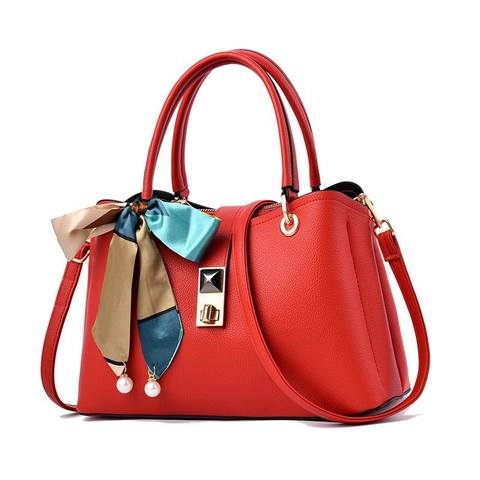 Litchi Grain PU Leather Handbag For Women Large Capacity Top Handle Tote With Decorative Scarf Artificial Pearl Pendant Shoulder Bag