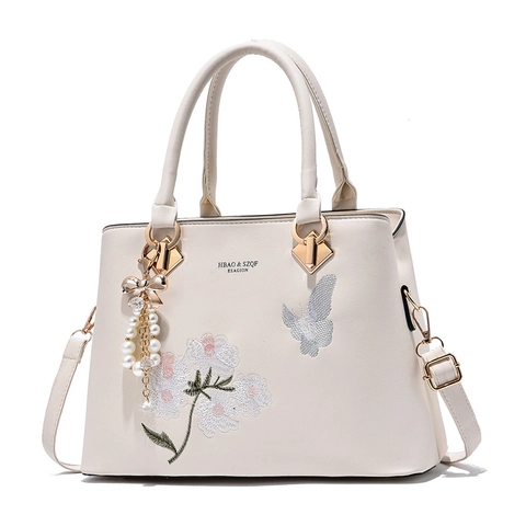 Women Handbag PU Leather Shoulder Bag Floral Butterfly Embroidery With Artificial Pearl Bow Pendant Multi Compartment Fashion Tote
