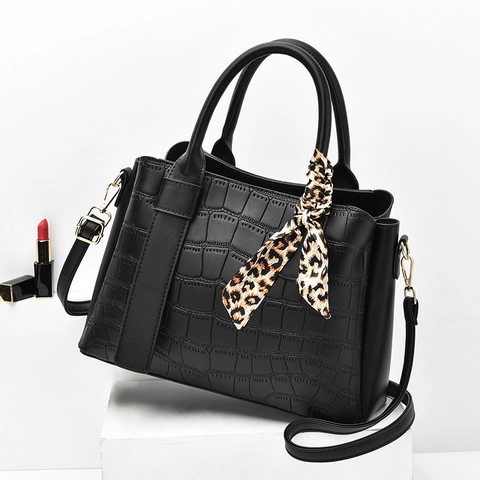 Women Handbag Shoulder Bag PU Leather Crocodile Pattern Large Capacity Leopard Satin Scarf Crossbody Purse Elegant Lady