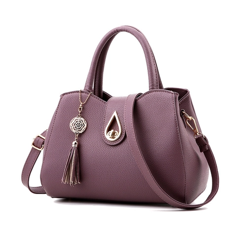 Women Lychee Pattern PU Leather Handbag Elegant Shoulder Crossbody Bag With Tassel Charm Water Drop Lock Top Handle
