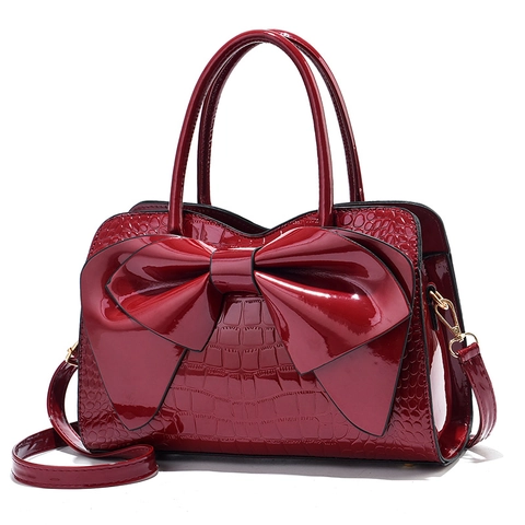 Sac À Main Femme Cuir PU Verni Grand Nœud Gaufrage Crocodile Sac À Épaule Bandoulière Forme Coquille Élégant Mode