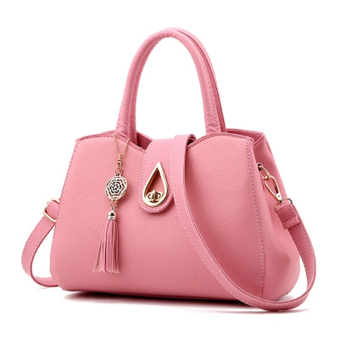 Women Lychee Pattern PU Leather Handbag Elegant Shoulder Crossbody Bag With Tassel Charm Water Drop Lock Top Handle