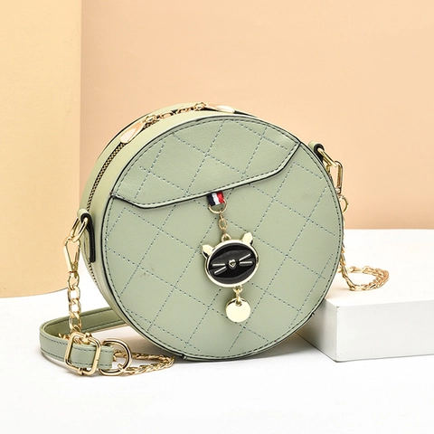Bolso Bandolera Redondo De Cuero PU Acolchado Con Patrón De Rombos Colgante De Gato Y Cadena De Metal Para Mujer