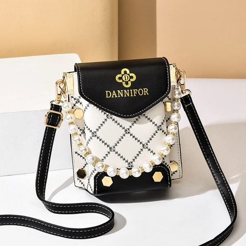Quilted PU Leather Crossbody Phone Bag With Faux Artificial Pearl Handle And Metal Rivets Elegant Fashion Mini Shoulder Bag Women
