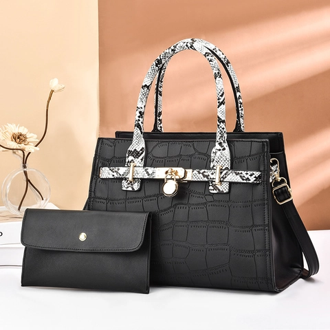 Women Crocodile Pattern Handbag And Clutch PU Leather Snake Print Handle Large Capacity Tote Elegant Shoulder Bag