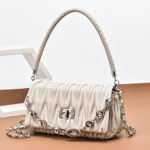 Geplooide Matelassé Schoudertas PU Leer Strass Ketting Geweven Handvat Elegante Vierkante Crossbodytas Voor Dames