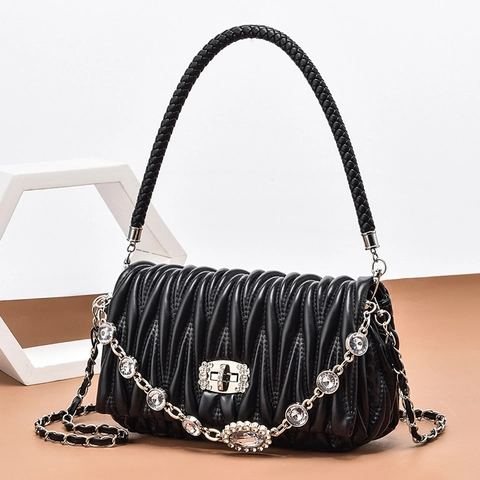 Geplooide Matelassé Schoudertas PU Leer Strass Ketting Geweven Handvat Elegante Vierkante Crossbodytas Voor Dames