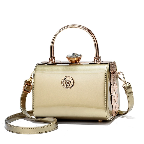Women Glossy Patent Leather Evening Handbag With Metal Handle Crystal Buckle Hard Shell Party Wedding Box Bag