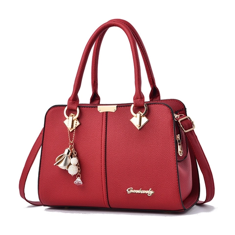 Women Lychee Texture PU Leather Handbag Large Capacity Multi Compartment Shoulder Crossbody Bag With Flower Artificial Pearl Pendant