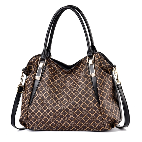 Große Handtasche PU Leder Monogramm Blumendruck Griff Schulter Umhängetasche Vintage Street Fashion Damen