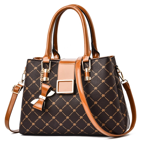 Women Handbag PU Leather Monogram Print Large Capacity Shoulder Crossbody Bag Retro Elegant Style With Bow Pendant
