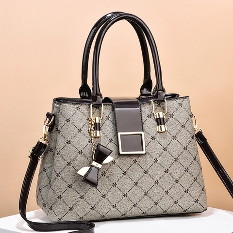 Women Handbag PU Leather Monogram Print Large Capacity Shoulder Crossbody Bag Retro Elegant Style With Bow Pendant