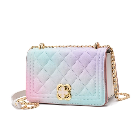 Quilted Crossbody Bag Women PU Leather Gradient Gold Chain Strap Square Shoulder Bag Elegant Floral Metal Lock Versatile
