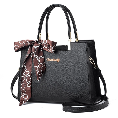 Women PU Leather Handbag Lychee Pattern Large Capacity Crossbody Bag With Decorative Satin Scarf Elegant Top Handle