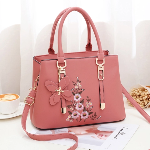 Damen Tote Schultertasche Blumenstickerei PU Leder Große Kapazität Mit Schmetterlingsanhänger Verstellbarer Riemen