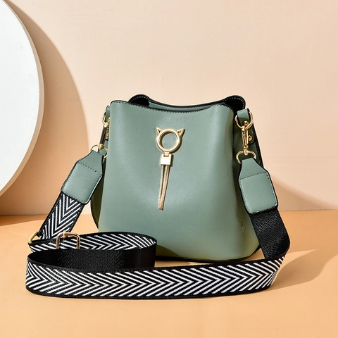 Women Bucket Bag PU Leather Cat Ear Metal Ring Tassel Wide Chevron Shoulder Strap Crossbody Handbag