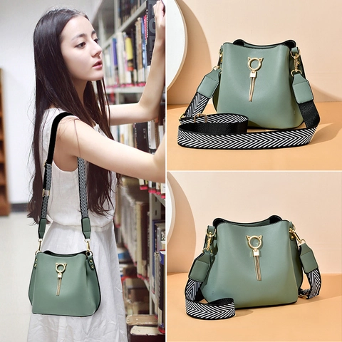 Women Bucket Bag PU Leather Cat Ear Metal Ring Tassel Wide Chevron Shoulder Strap Crossbody Handbag
