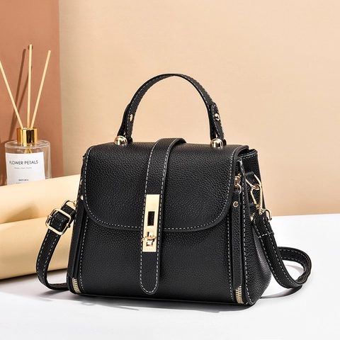 Women Crossbody Bag PU Leather Lychee Pattern Gold Lock Contrast Stitching Handheld Fashion Shoulder Bag For Daily Use