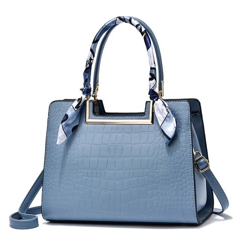 Women Handbag Crocodile Embossed PU Leather Shoulder Crossbody Tote Bag Scarf Wrapped Handle Elegant High Capacity Lady