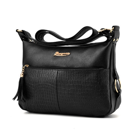 Women Large Capacity PU Leather Shoulder Bag Crocodile Pattern Crossbody Handbag With Tassel Mature Simple Daily Commuting Bag