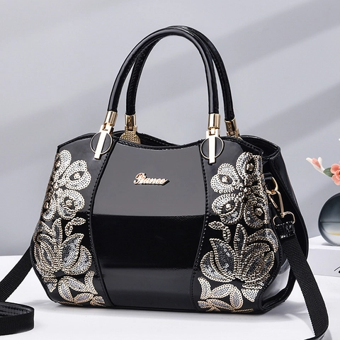 Dames Handtas Lakleer Pailletten Borduurwerk Boston Schoudertas Grote Capaciteit Elegant Handvat Glanzend