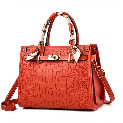 Crocodile Pattern Handbag PU Leather Gold Lock Top Handle Bag With Satin Scarf Large Capacity Shoulder Crossbody Purse