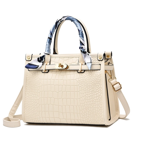 Crocodile Pattern Handbag PU Leather Gold Lock Top Handle Bag With Satin Scarf Large Capacity Shoulder Crossbody Purse