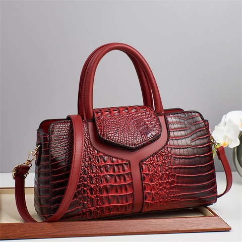 Elegant Crocodile Embossed PU Leather Top Handle Handbag Structured Shoulder Crossbody Bag With Detachable Strap