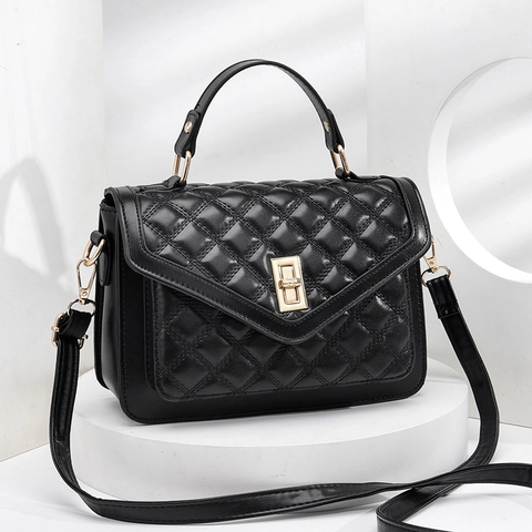 Quilted Shoulder Bag For Women PU Leather Crossbody Handbag Gold Twist Lock Top Handle Elegant Fashion Small Square Purse