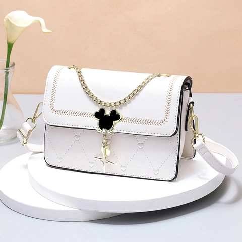 Women Shoulder Crossbody Bag PU Leather Heart Quilted Contrast Color Metal Chain Strap Small Square Style Gift