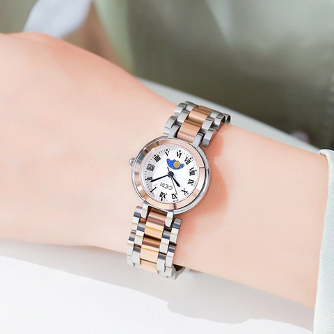 Dames Quartz Horloge Roestvrijstalen Band Rhinestone Waterdicht Kalender Maanfase Luxe Elegant Dameshorloge