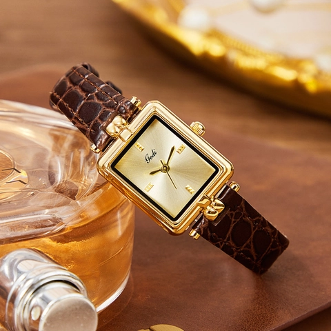 Vintage Women Quartz Watch Gold Rectangular Case Genuine Leather Strap Waterproof Elegant Luxury Square Dial Wristwatch