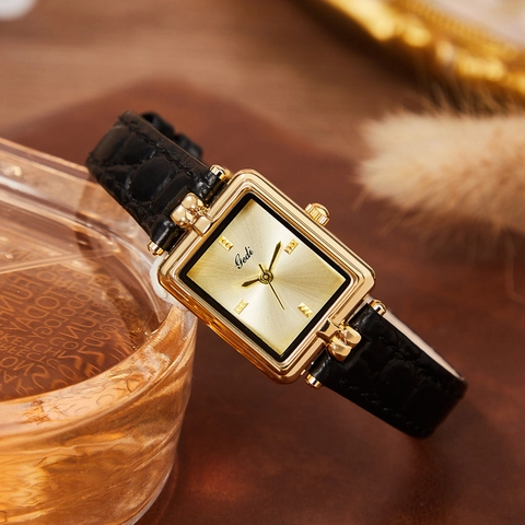 Vintage Women Quartz Watch Gold Rectangular Case Genuine Leather Strap Waterproof Elegant Luxury Square Dial Wristwatch