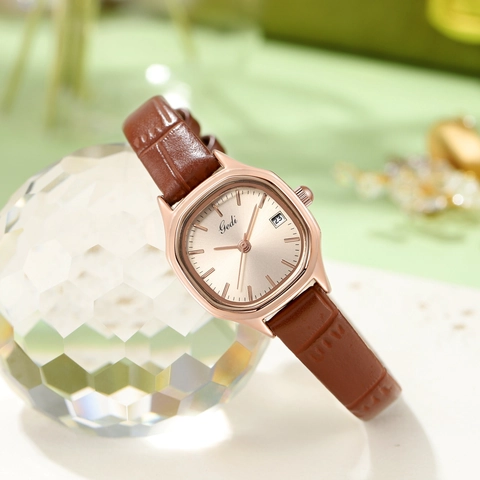 Women Quartz Watch Square Tonneau Case Calendar Date Display Minimalist Crocodile Pattern Leather Strap Waterproof Vintage