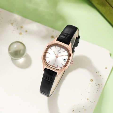 Women Quartz Watch Square Tonneau Case Calendar Date Display Minimalist Crocodile Pattern Leather Strap Waterproof Vintage