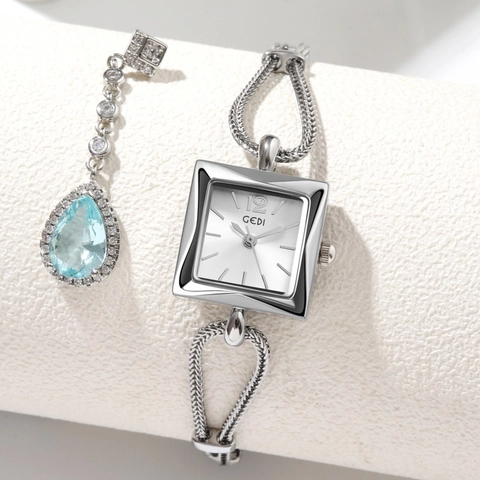 Women Quartz Watch Square Dial Alloy Case Braided Mesh Bracelet Strap Waterproof Retro Jewelry Style Elegant Minimalist