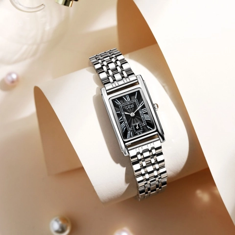 Orologio Quarzo Donna Cinturino Acciaio Inossidabile Cassa Rettangolare Numeri Romani Impermeabile Vintage Elegante