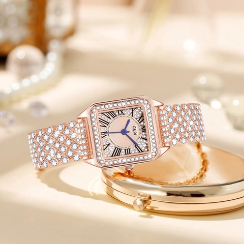 Luxury Square Women Quartz Watch Full Rhinestone Alloy Band Roman Numerals Waterproof Elegant Fashion Wristwatch