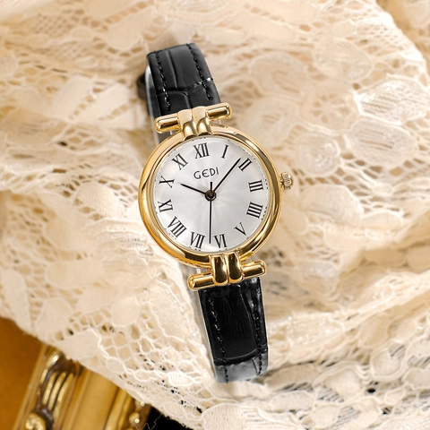 Women Vintage Quartz Watch Genuine Leather Strap Roman Numerals Sunray Dial Elegant Small Case Waterproof Wristwatch