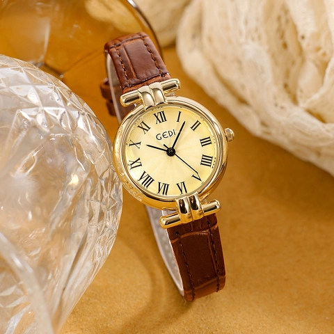Women Vintage Quartz Watch Genuine Leather Strap Roman Numerals Sunray Dial Elegant Small Case Waterproof Wristwatch