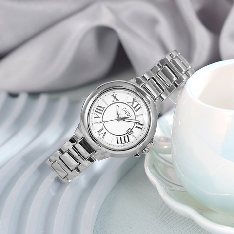 Women Quartz Watch Retro Roman Numerals Stainless Steel Strap Alloy Case Calendar Date Window Elegant Luxury Business Ladies