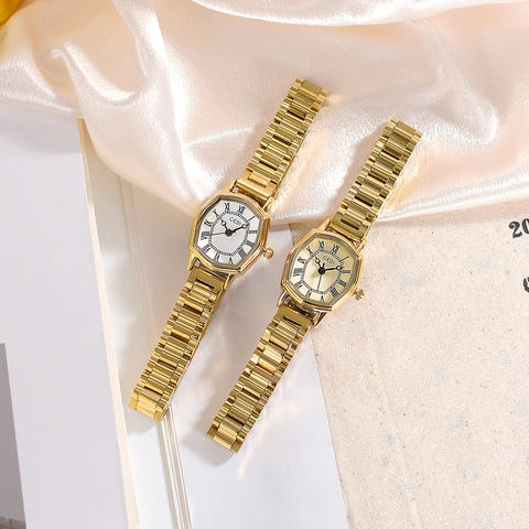 Reloj de Cuarzo Tonneau Retro para Mujer Correa de Oro de Acero Inoxidable Números Romanos Elegante Lujo Impermeabile