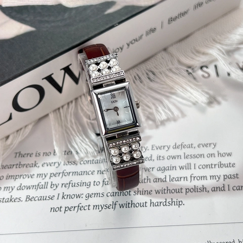 Reloj de Cuarzo Rectangular Vintage para Mujer Con Perla Artificial Strass Correa de Cuero Auténtico de Lujo Impermeable Reloj de Pulsera de Moda