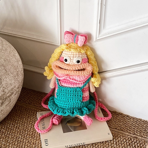 Kids Handmade Crochet Cartoon Doll Shoulder Bag Cute Novelty Knit Crossbody Purse For Toddler Girls Boys